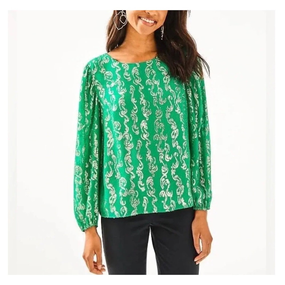 Lilly Pulitzer Silk Miriam Long Sleeve Blouse Green Gold Metallic Medium GUC